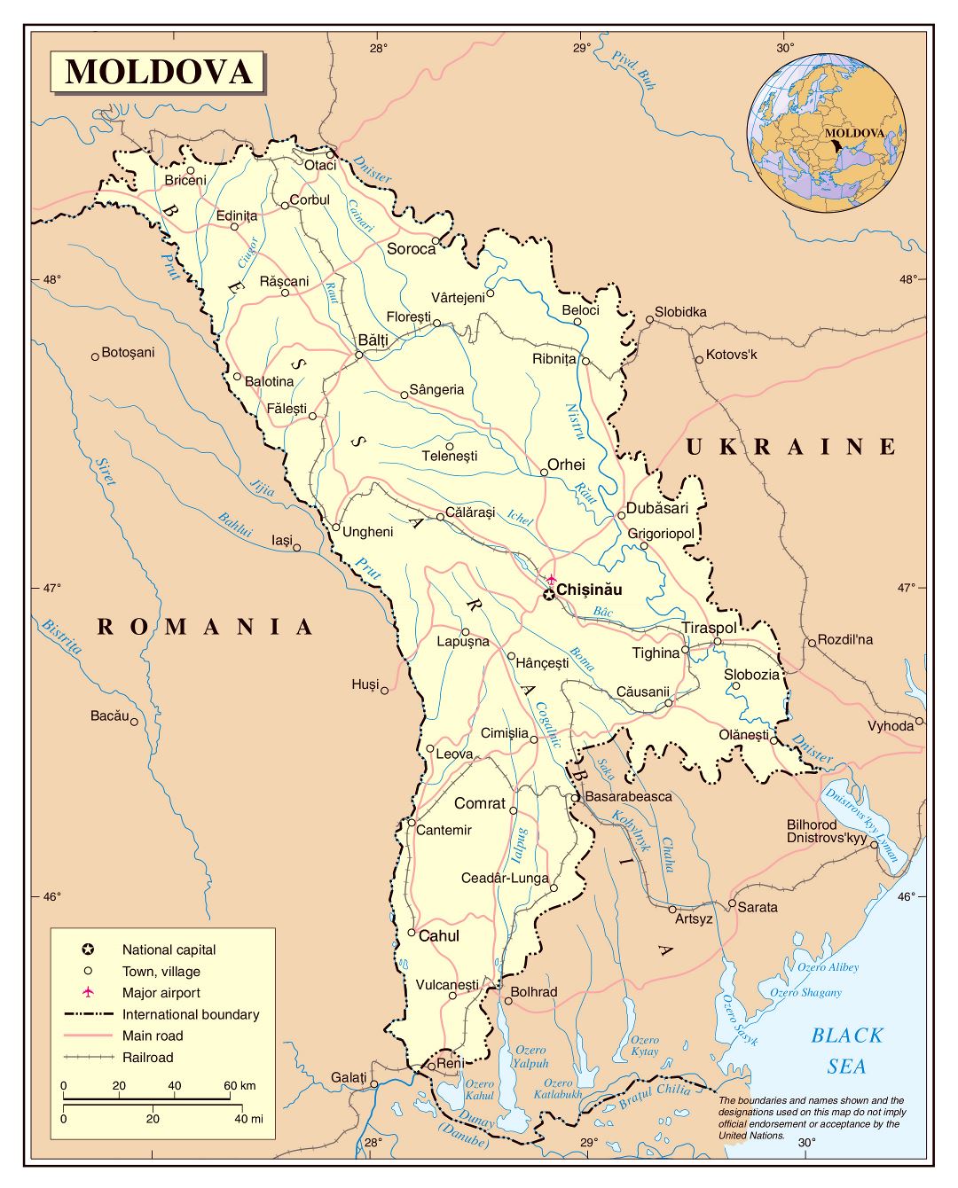 Large detailed political map of Moldova with roads, railroads, major cities and airports