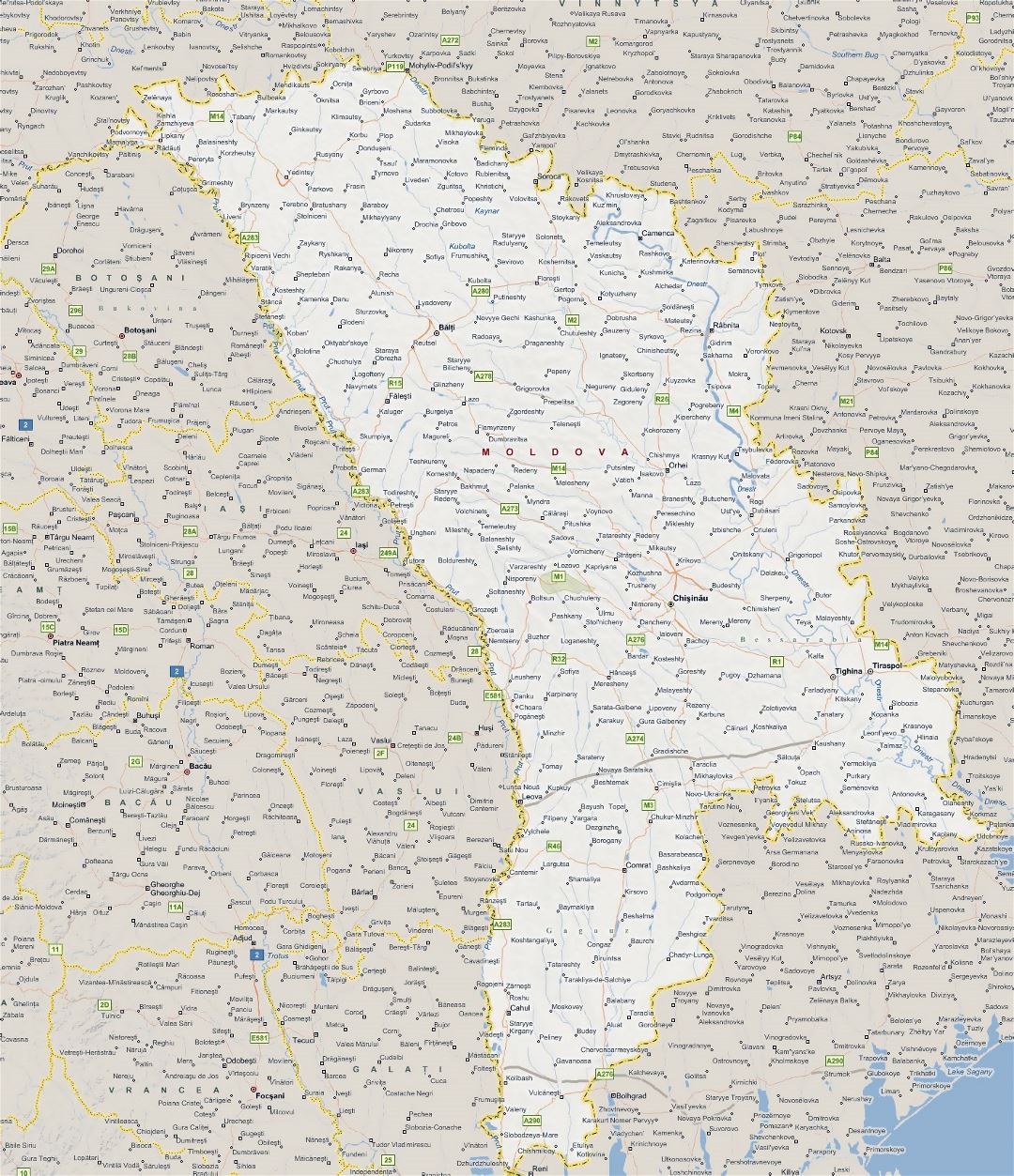 Large map of Moldova with villages and all cities