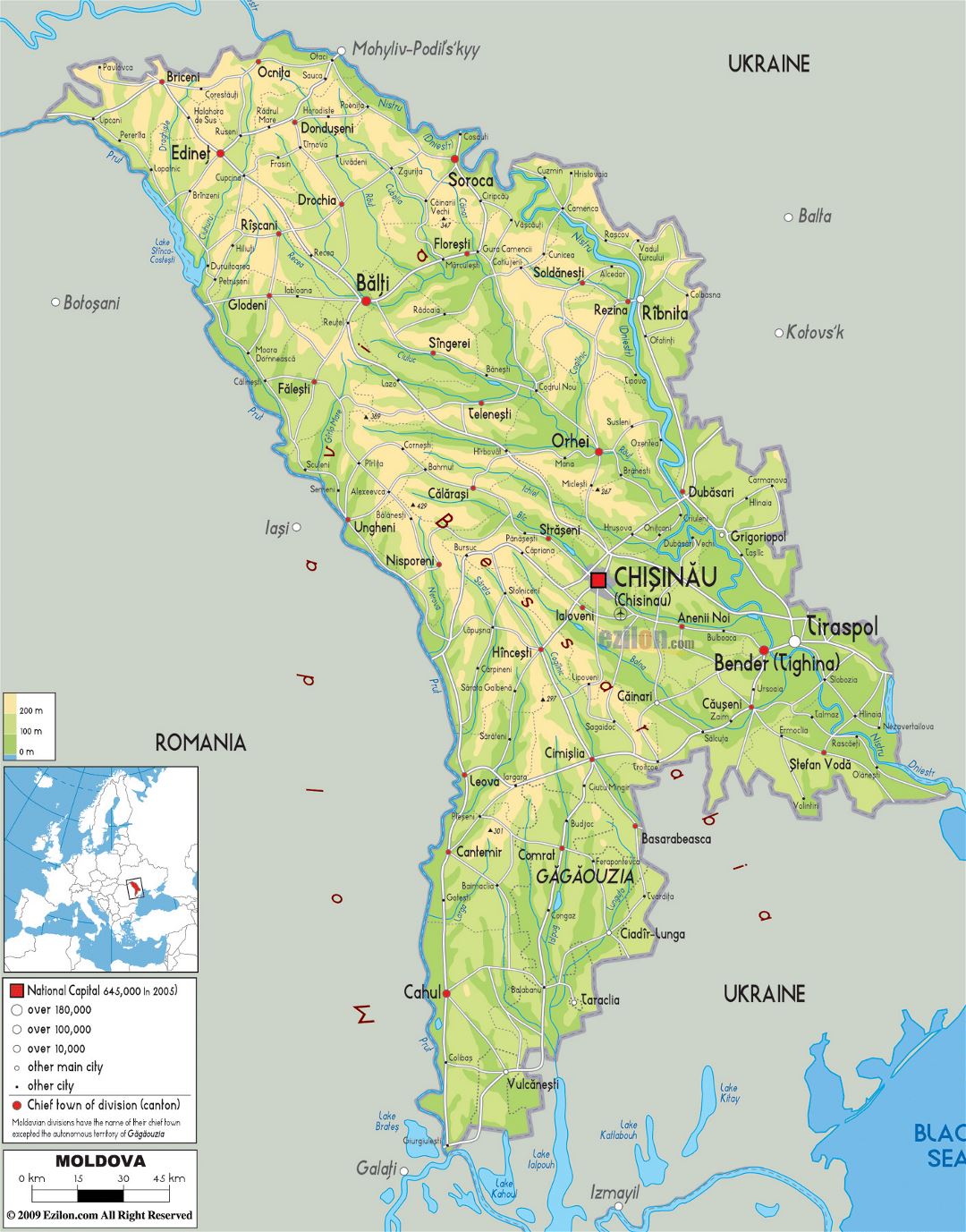 Large physical map of Moldova with roads, cities and airports