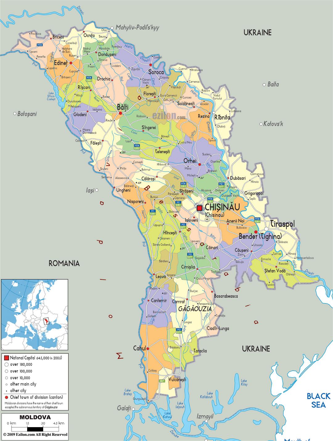 Large political and administrative map of Moldova with roads, cities and airports