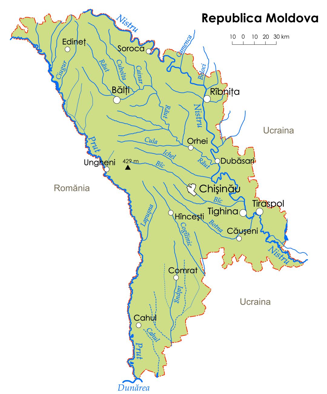 Large rivers map of Moldova with major cities