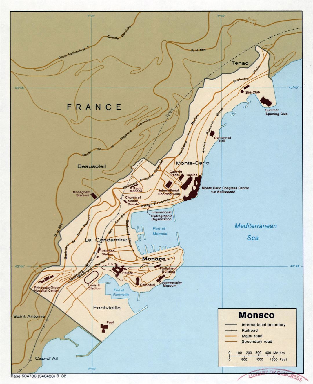 Large detailed political map of Monaco with roads and railroads - 1982