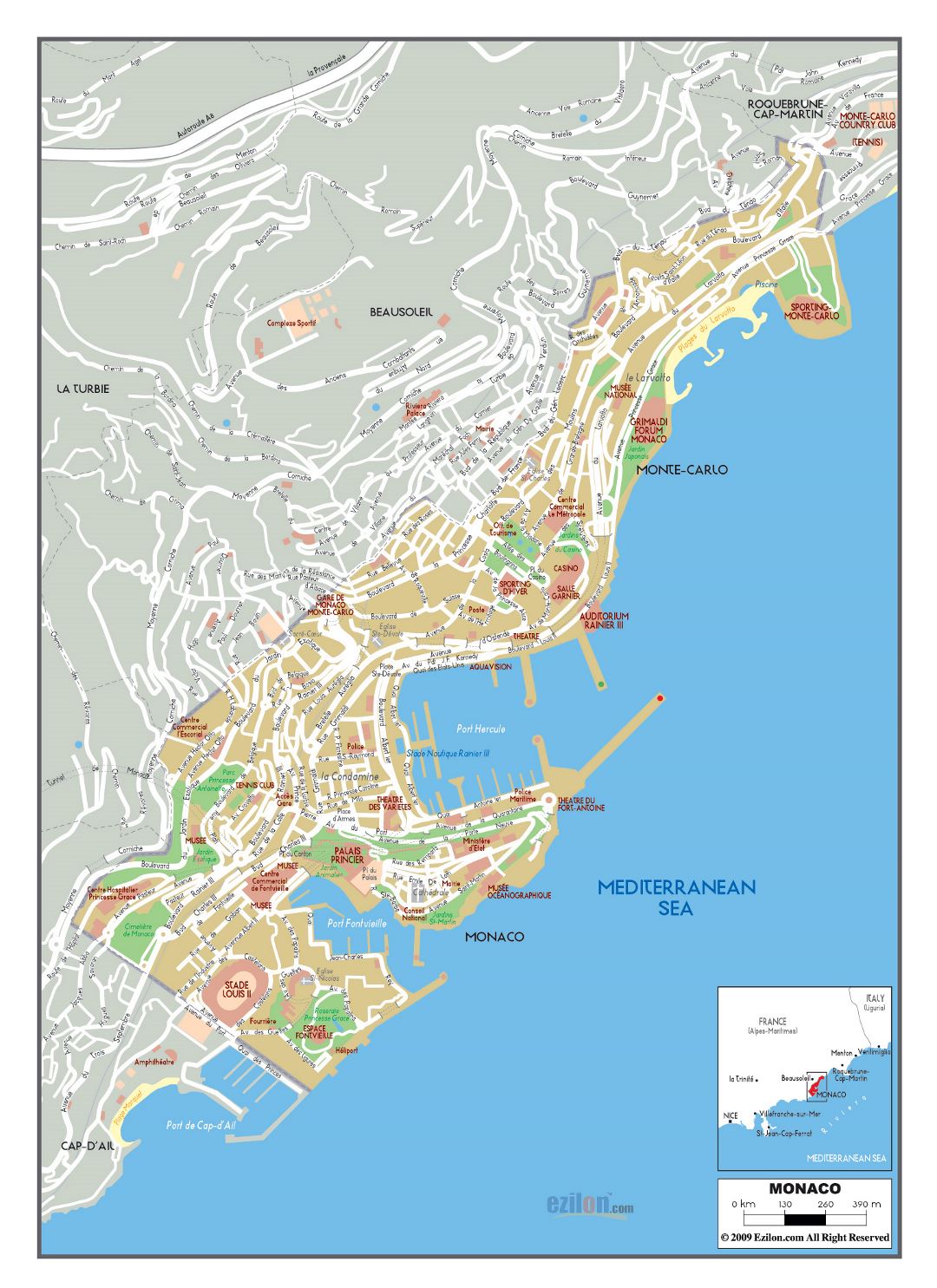Large road map of Monaco with street names