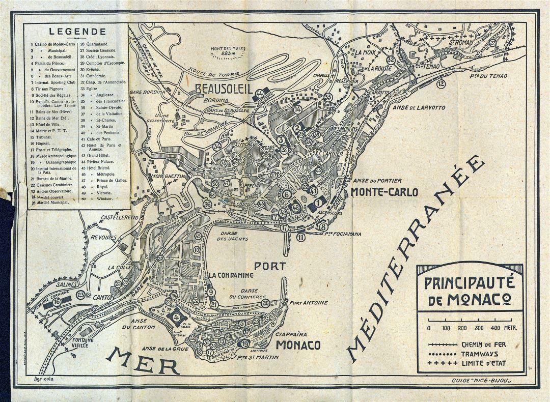 Large scale detailed old map of Monaco