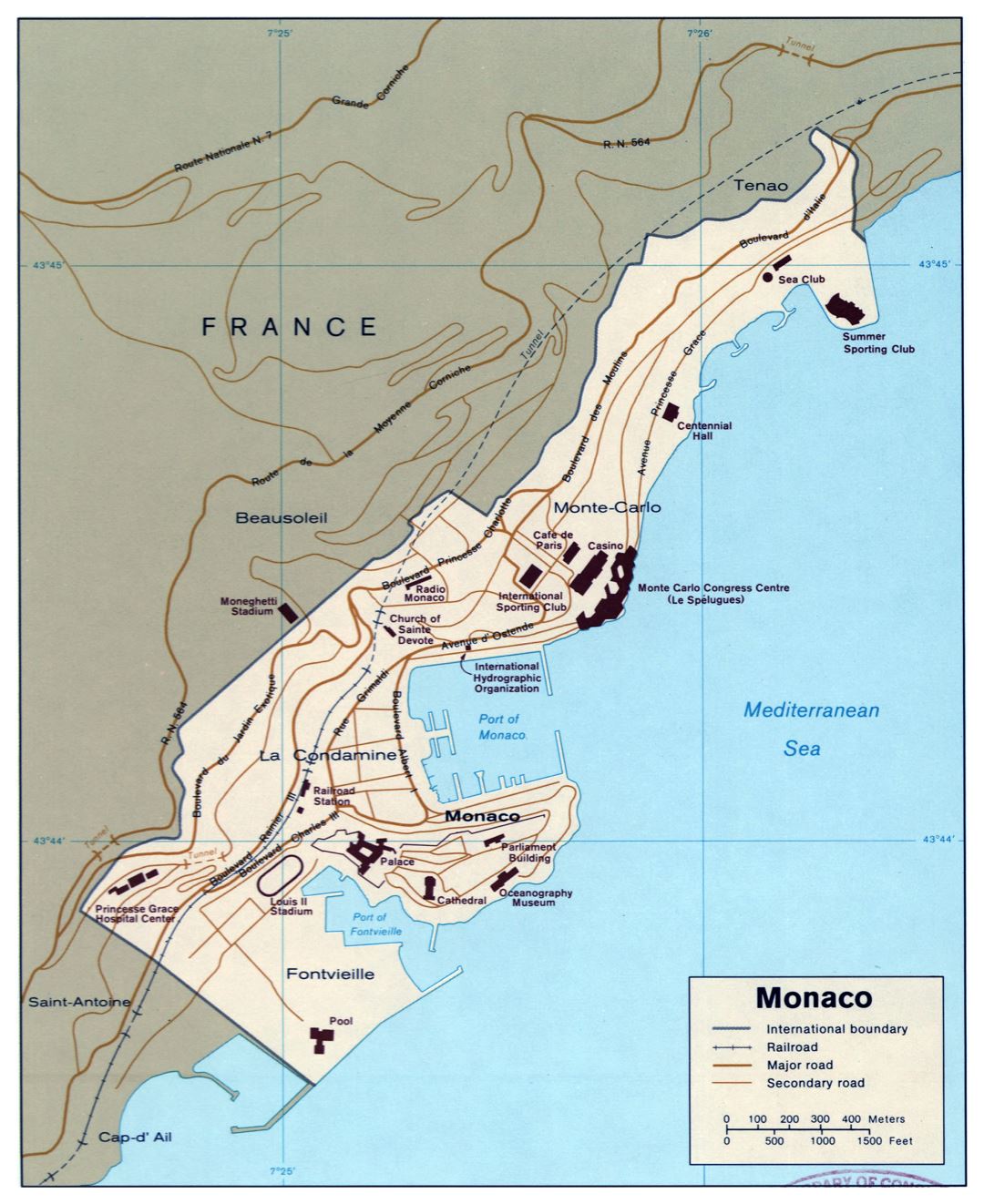 Large scale political map of Monaco with roads and railroads
