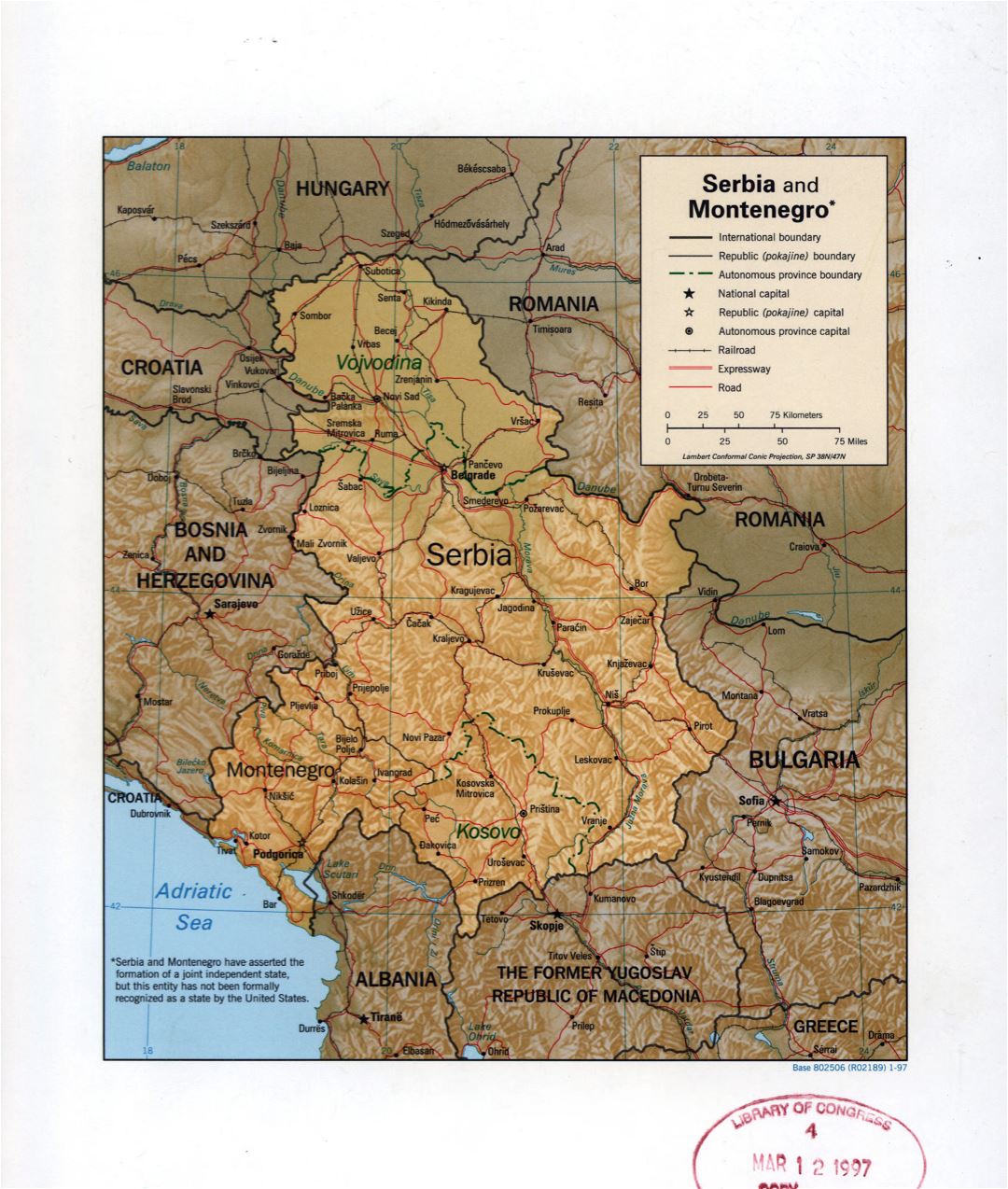 Large detail political map of Serbia and Montenegro with relief, marks of roads, railroads and large cities - 1997