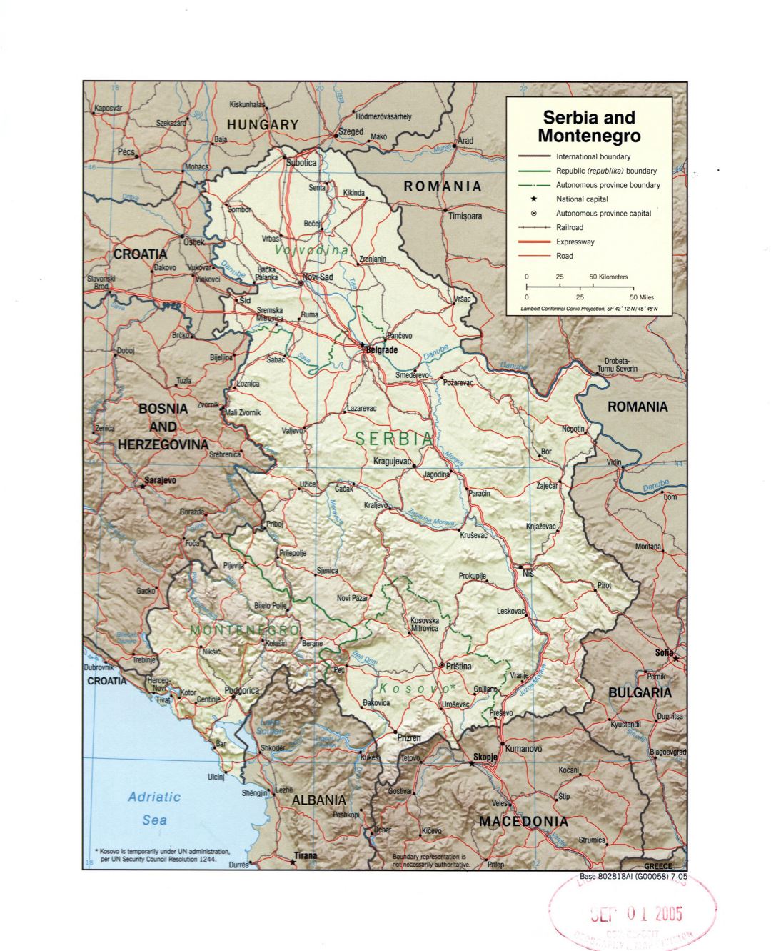 Large detail political map of Serbia and Montenegro with relief, marks of roads, railroads and large cities - 2005