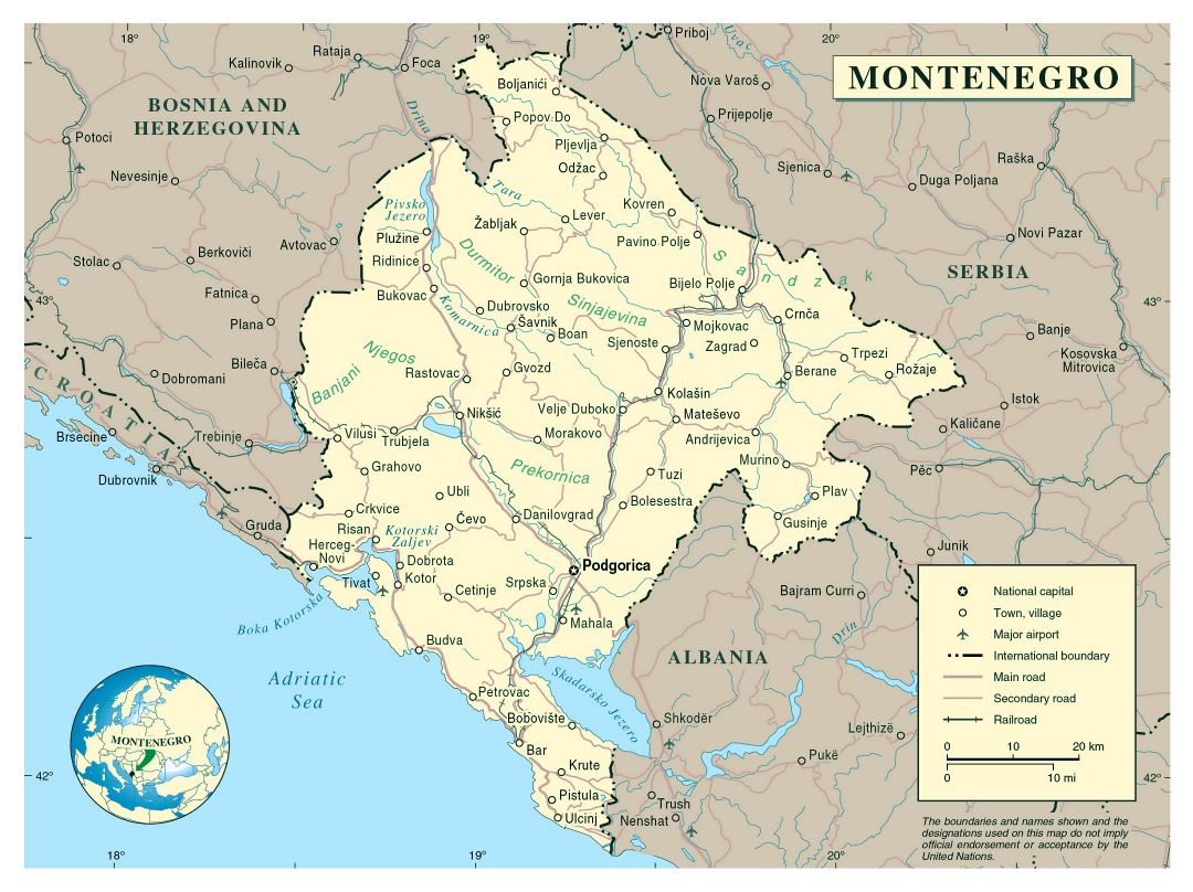 Large detailed political map of Montenegro with cities
