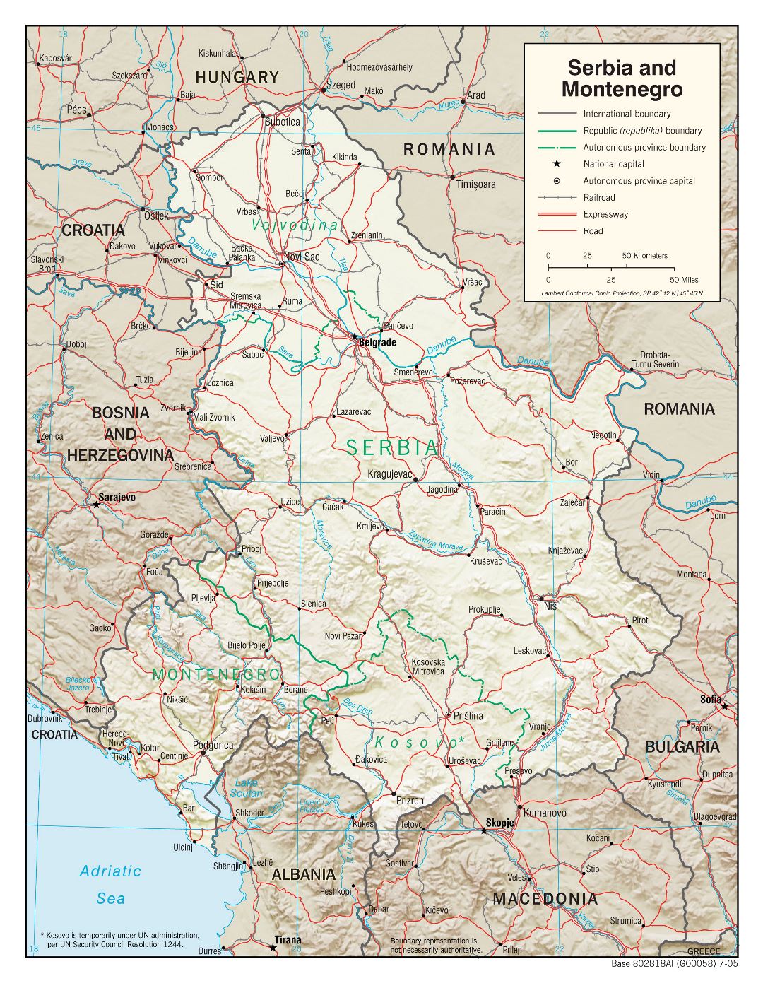 Large detailed political map of Serbia and Montenegro with relief, roads, railroads and major cities - 2005