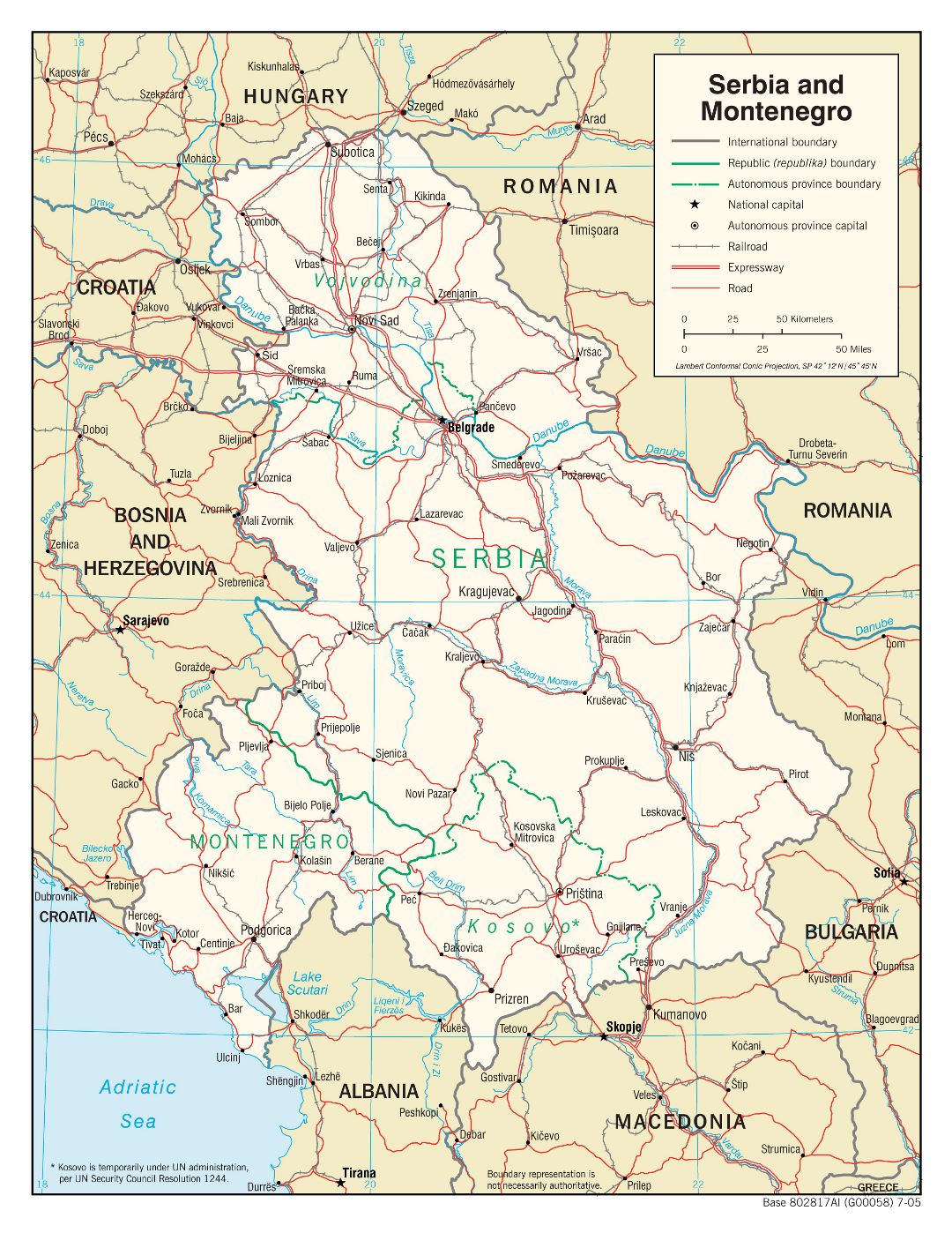 Large detailed political map of Serbia and Montenegro with roads, railroads and major cities - 2005