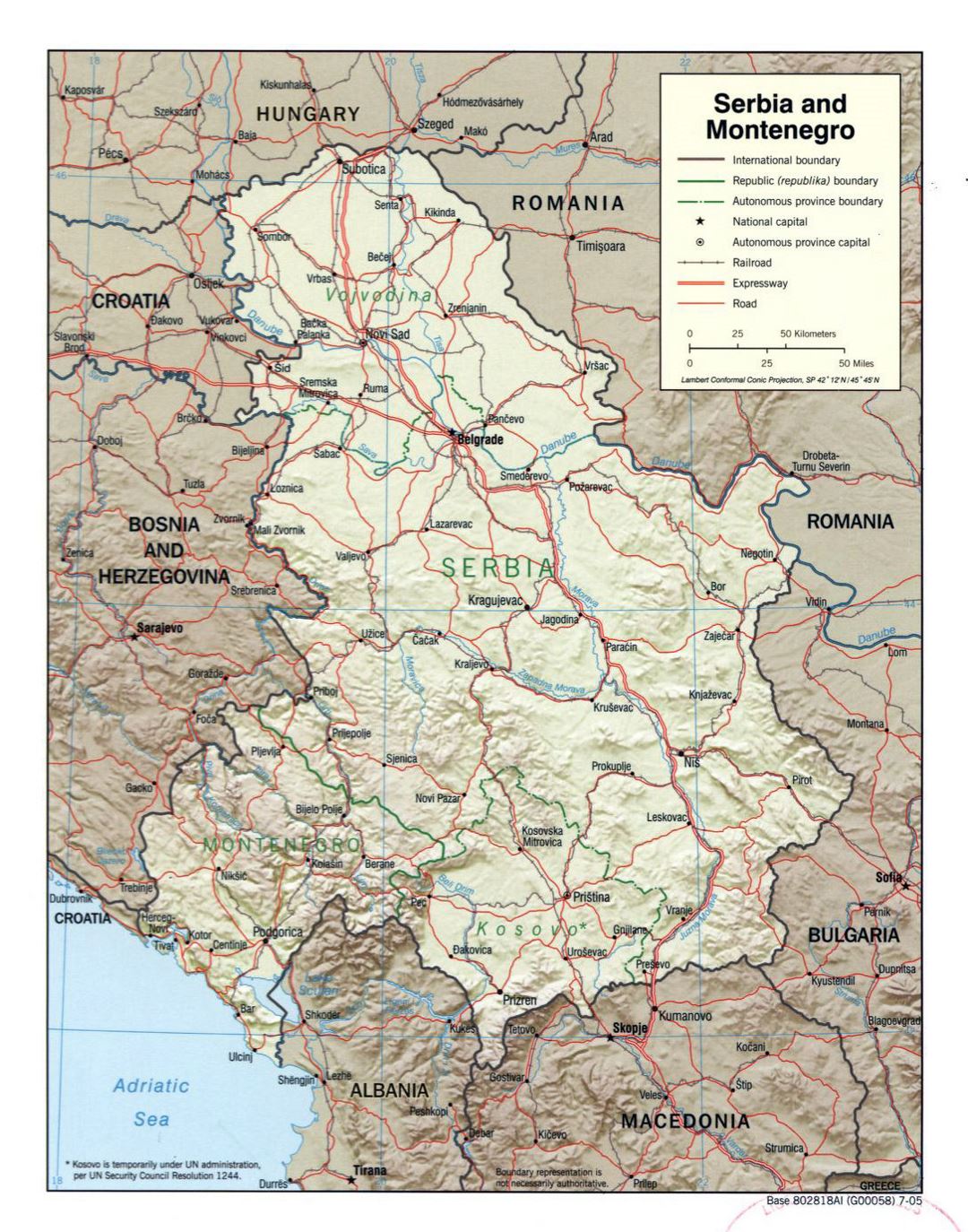 Large political map of Serbia and Montenegro with relief - 2005