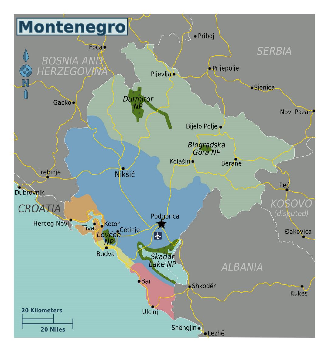 Large regions map of Montenegro