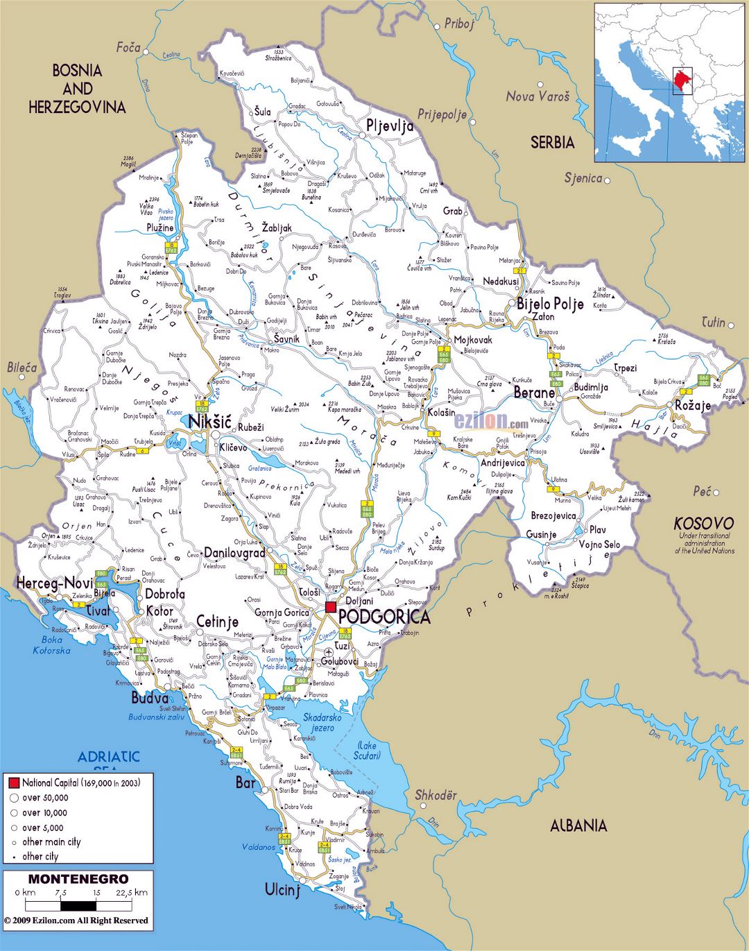 Large road map of Montenegro with cities and airports
