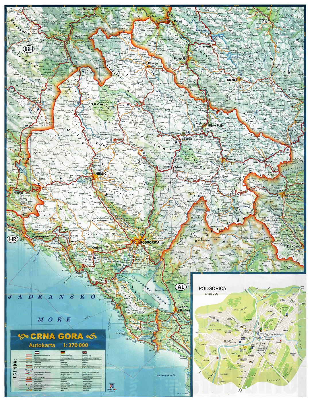 Large scale road map of Montenegro with all cities, villages and other marks