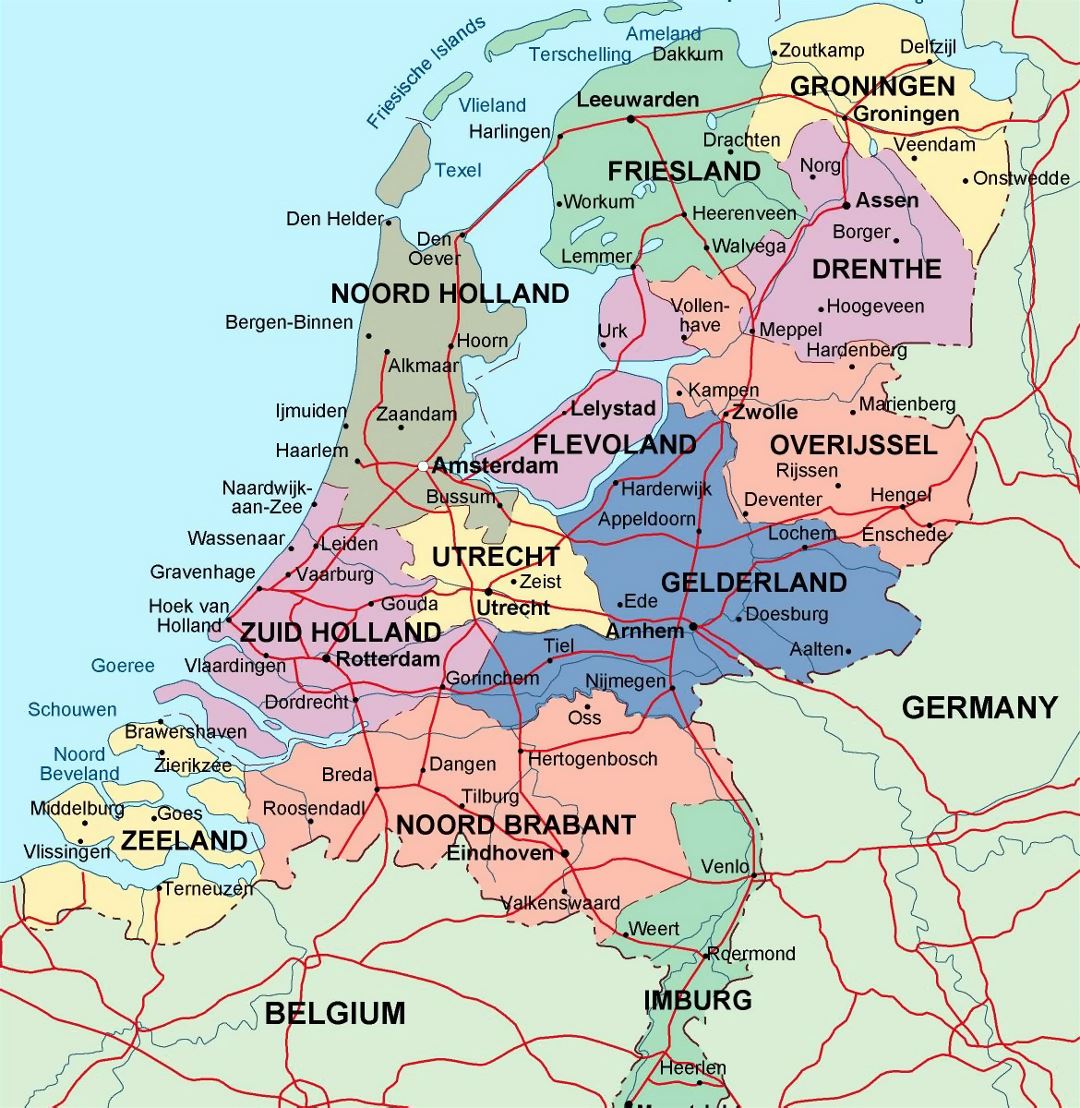 Detailed administrative map of Netherlands with major cities