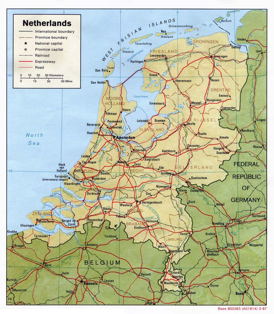 Detailed political and administrative map of Netherlands with relief, roads, railroads and major cities - 1987