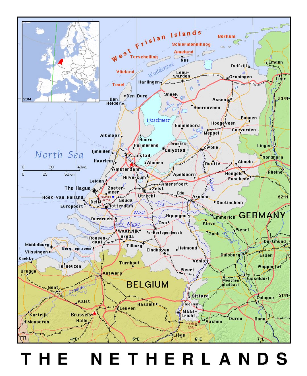 Detailed political map of Netherlands with relief