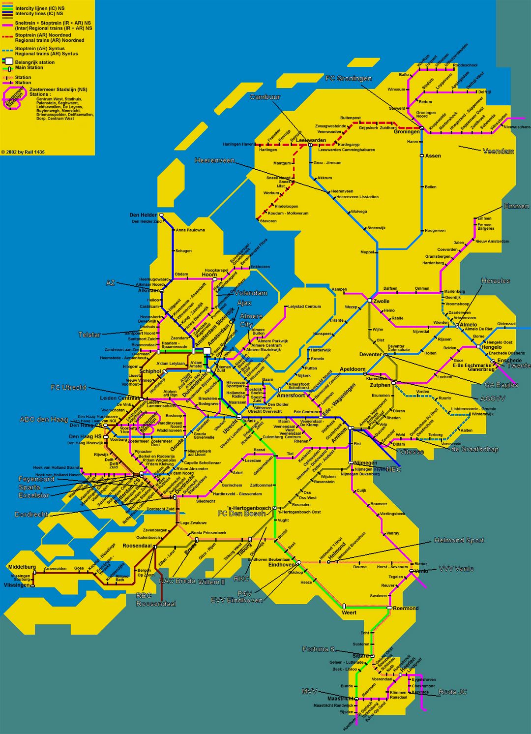 Detailed train map of Netherlands (Holland)