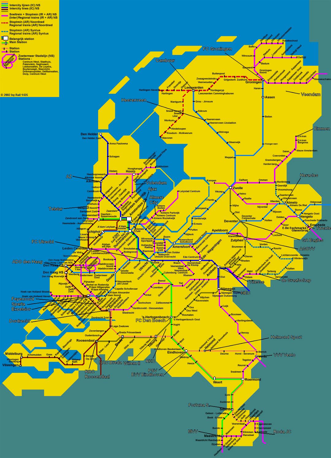 Detailed train map of Netherlands (Holland) Netherlands Europe