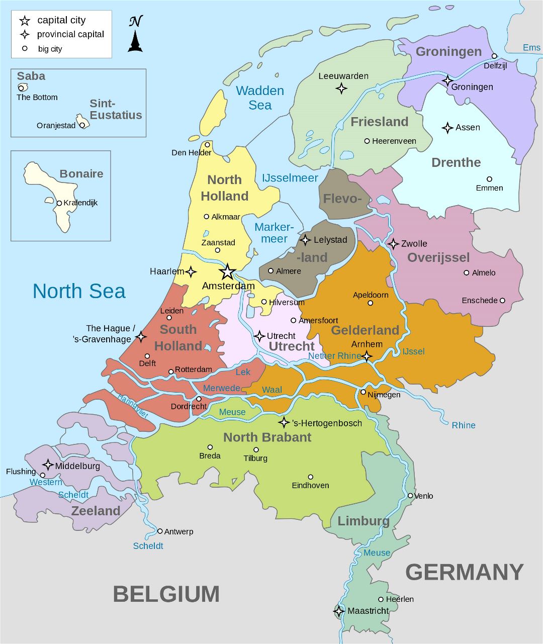 Large detailed administrative map of Netherlands with major cities