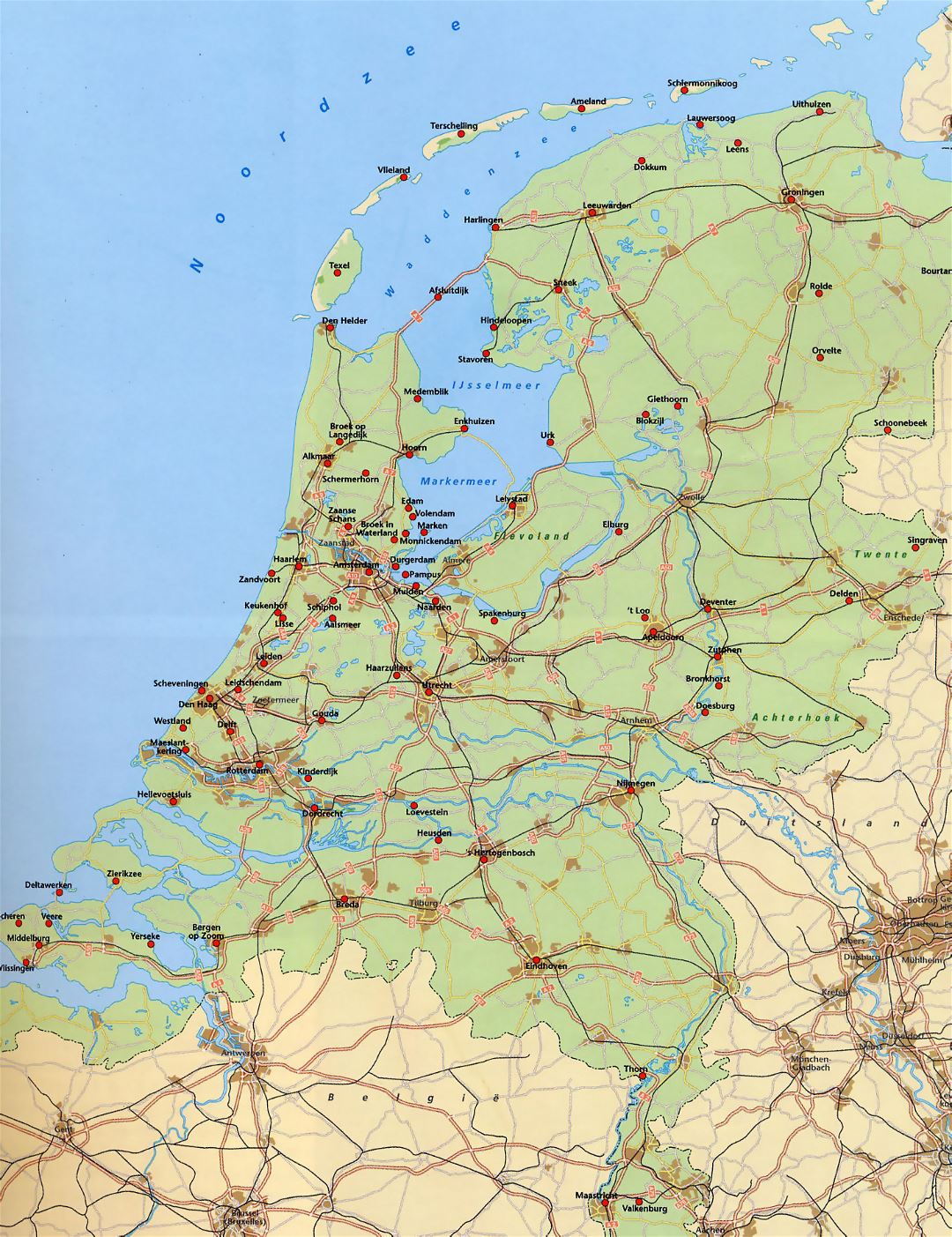 Large map of Netherlands with roads, railroads and major cities