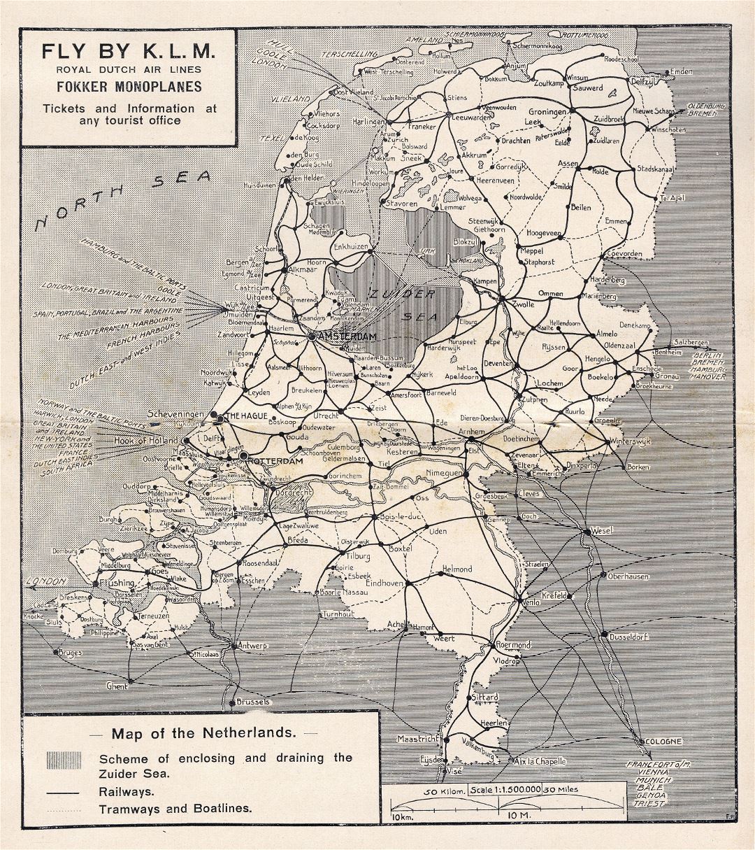 Large old railways map of Netherlands - 1929