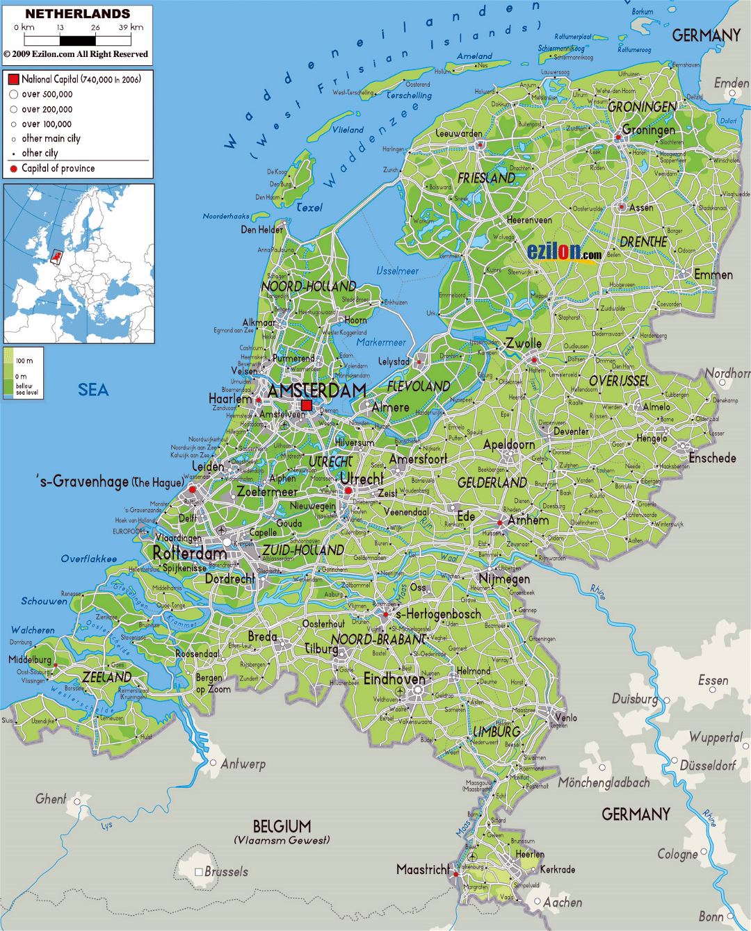 Large physical map of Netherlands with roads, cities and airports
