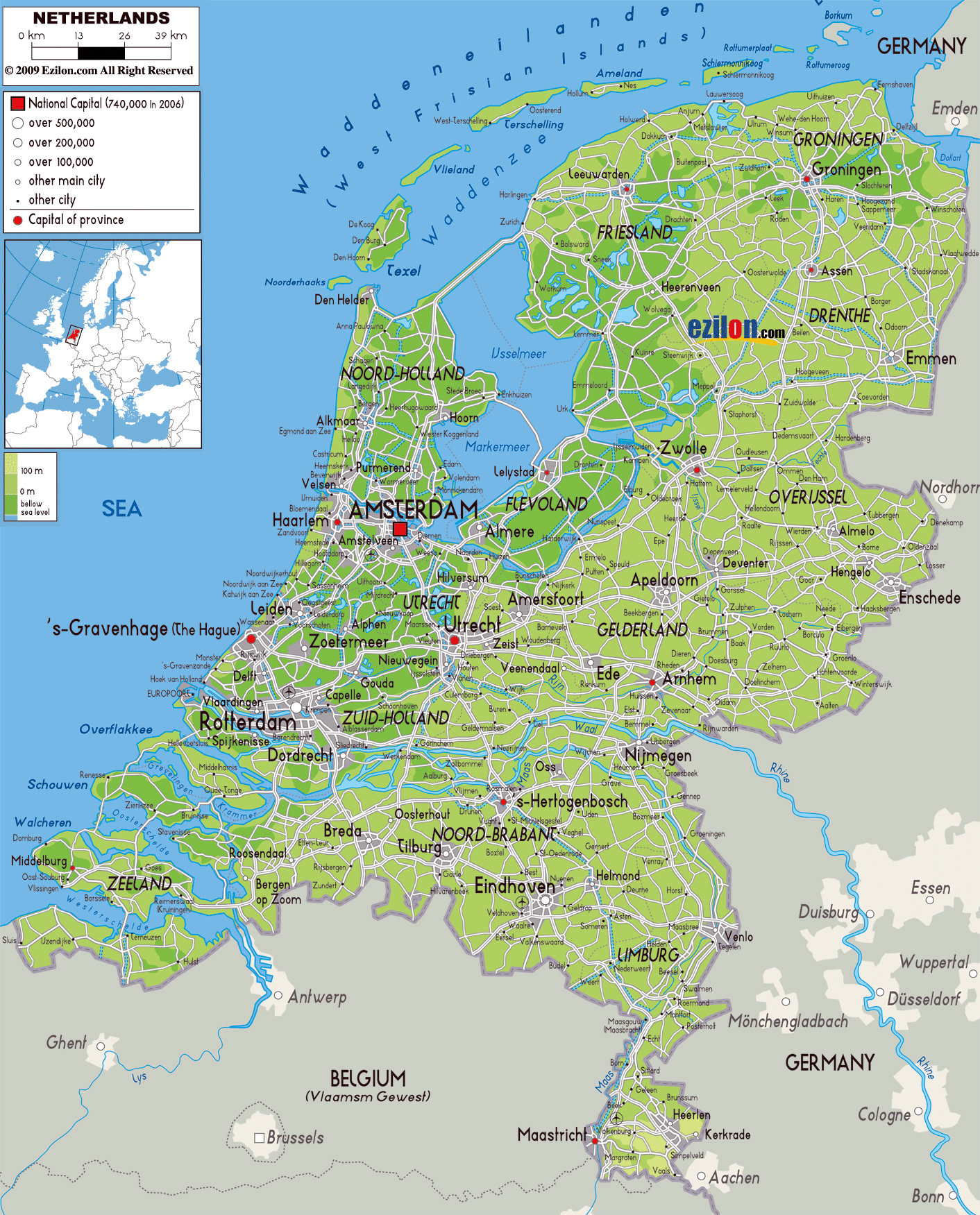 Large Physical Map Of Netherlands With Roads Cities And Airports 