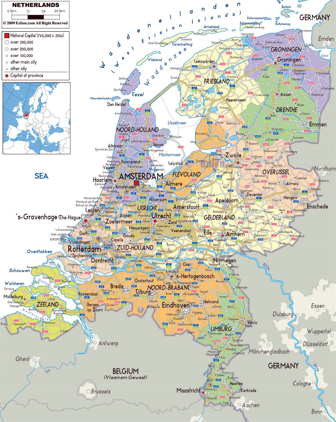 Large political and administrative map of Netherlands with roads, cities and airports