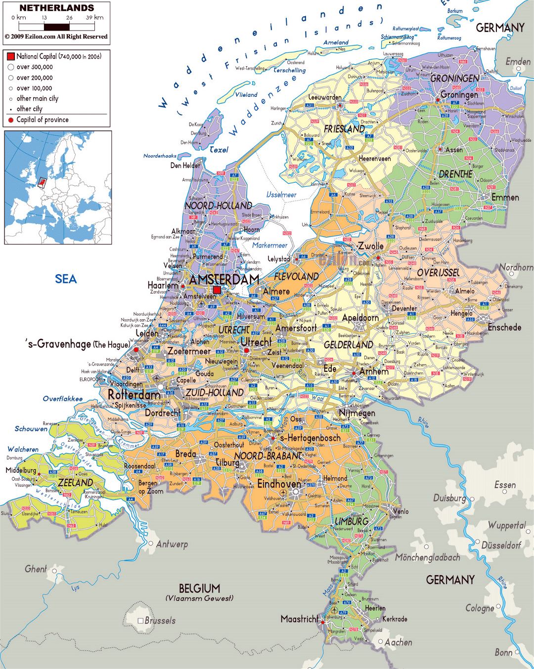 Large political and administrative map of Netherlands with roads