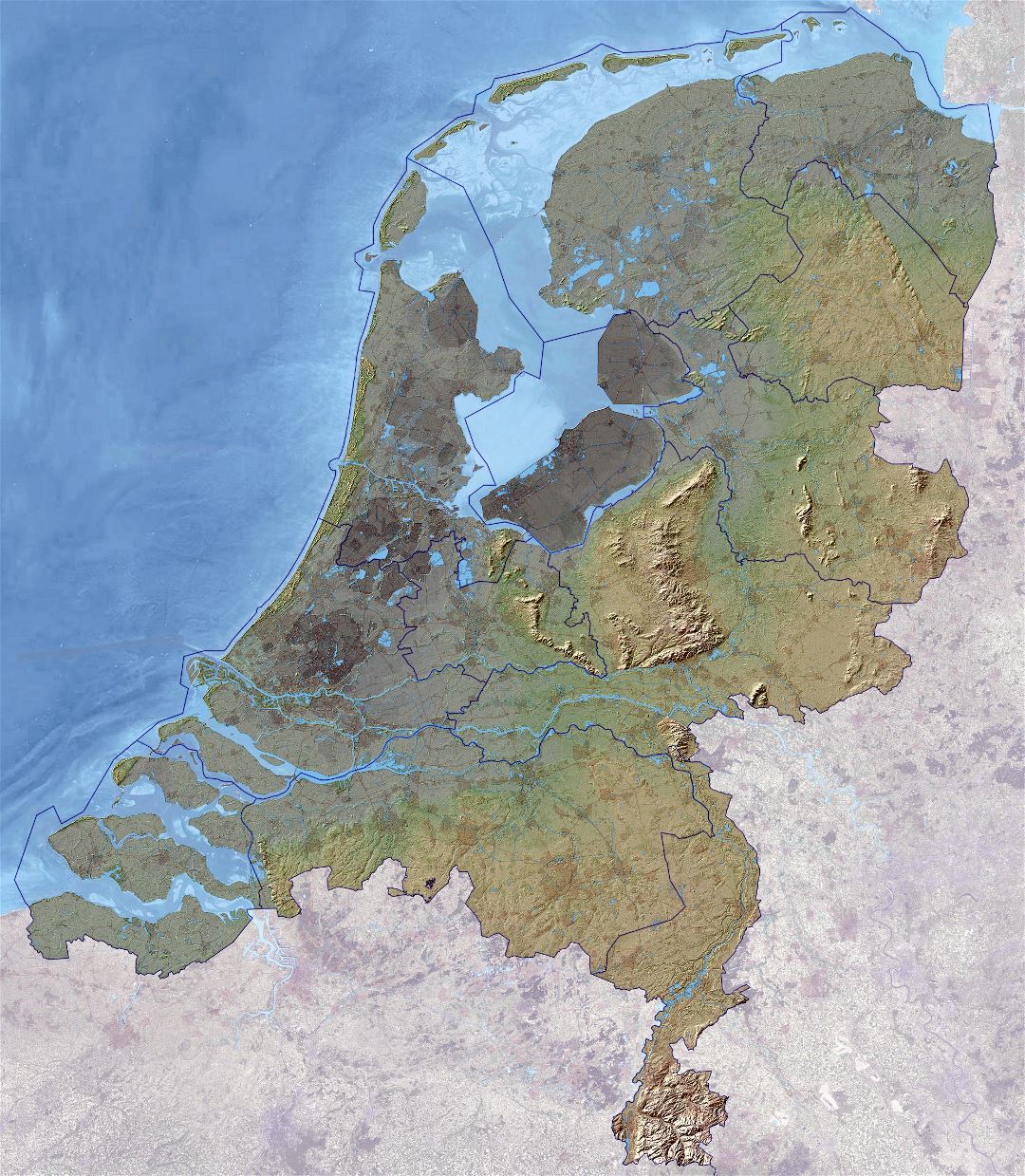 Large relief map of Netherlands