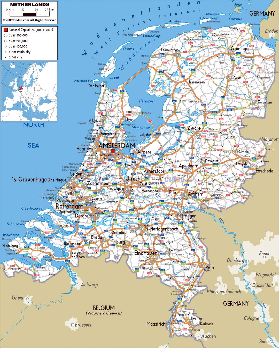 Large road map of Netherlands with cities and airports