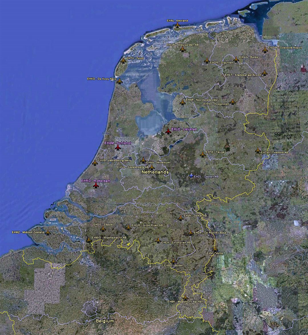 Large satellite map of Netherlands with airports