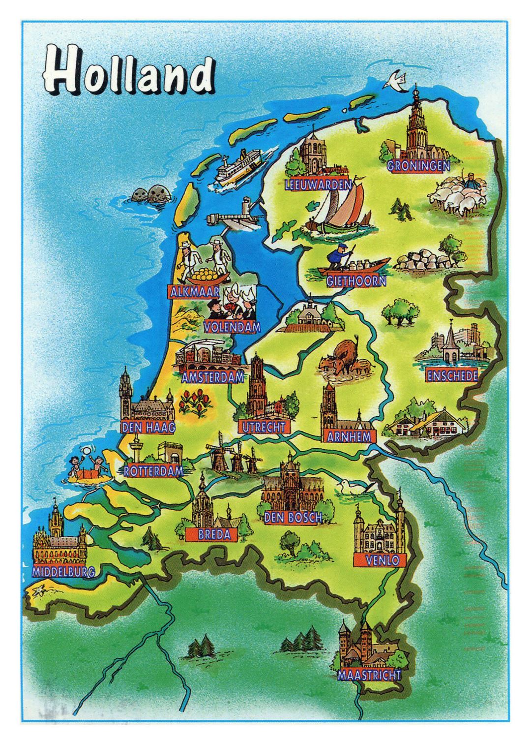 Large tourist illustrated map of Netherlands (Holland)