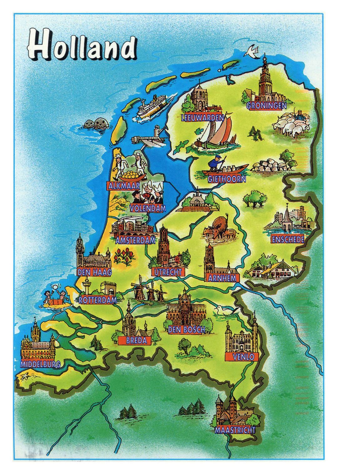 Large tourist illustrated map of Netherlands (Holland)