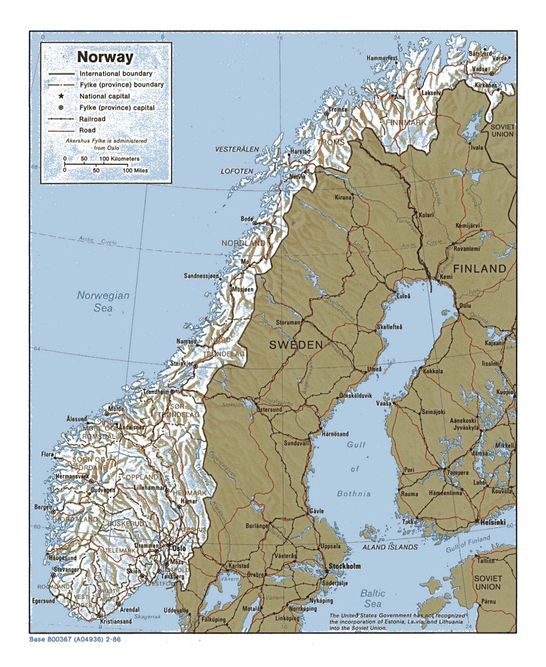 Detailed political and administrative map of Norway with relief, roads and major cities - 1986