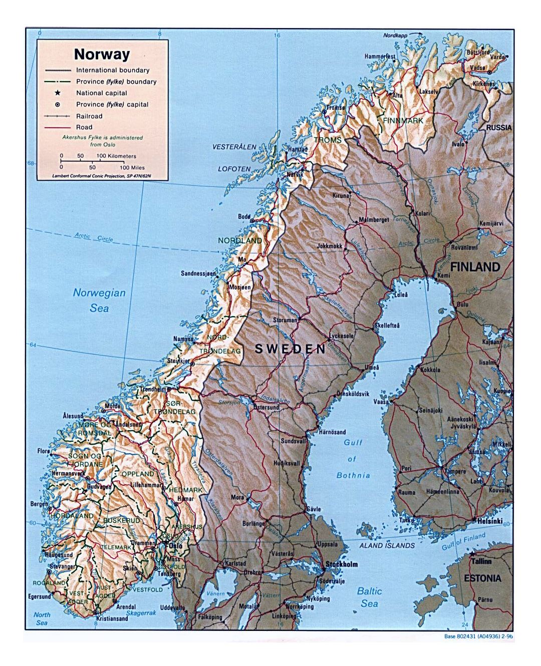 Detailed political and administrative map of Norway with relief, roads and major cities - 1996