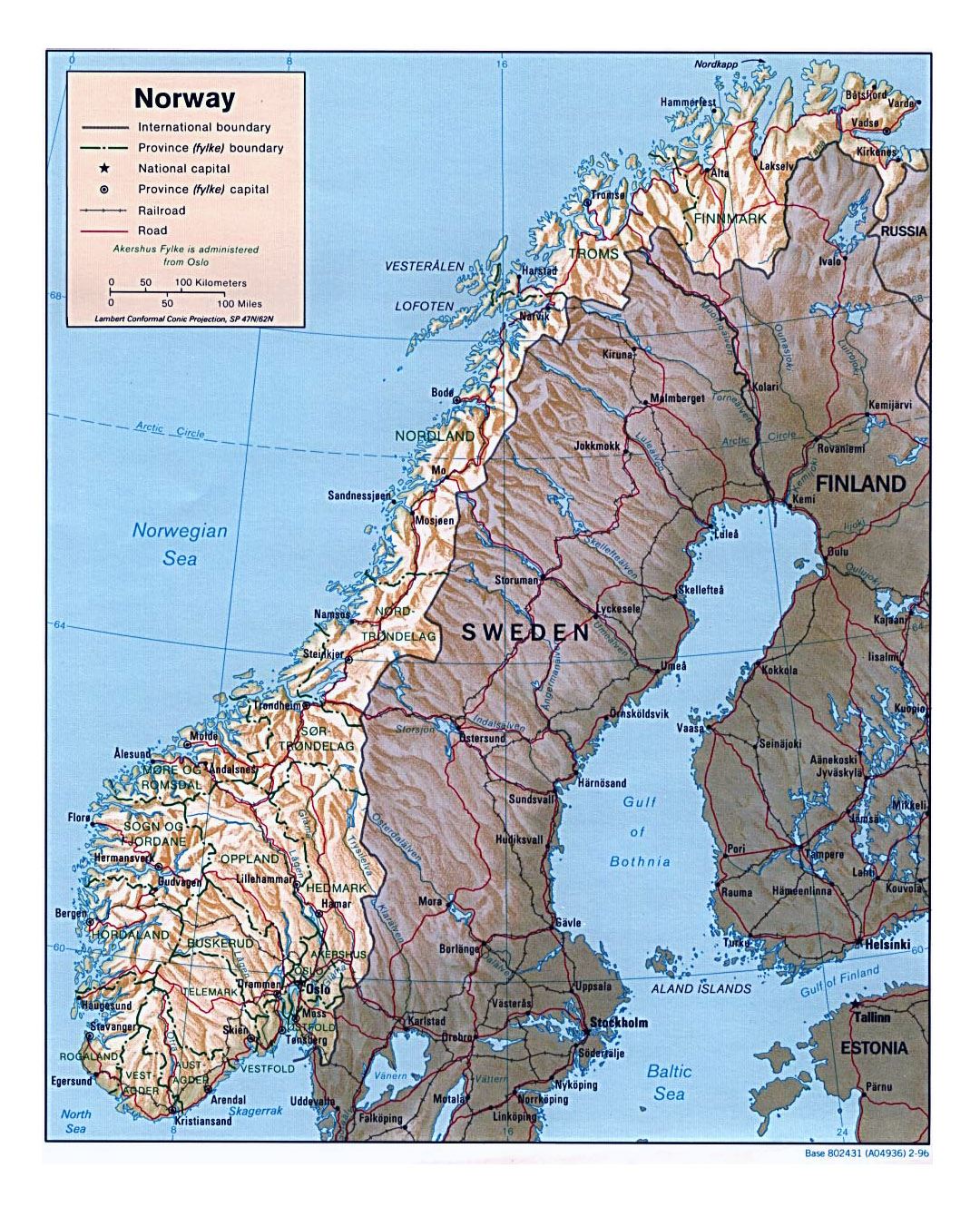 Detailed political and administrative map of Norway with relief, roads and major cities - 1996