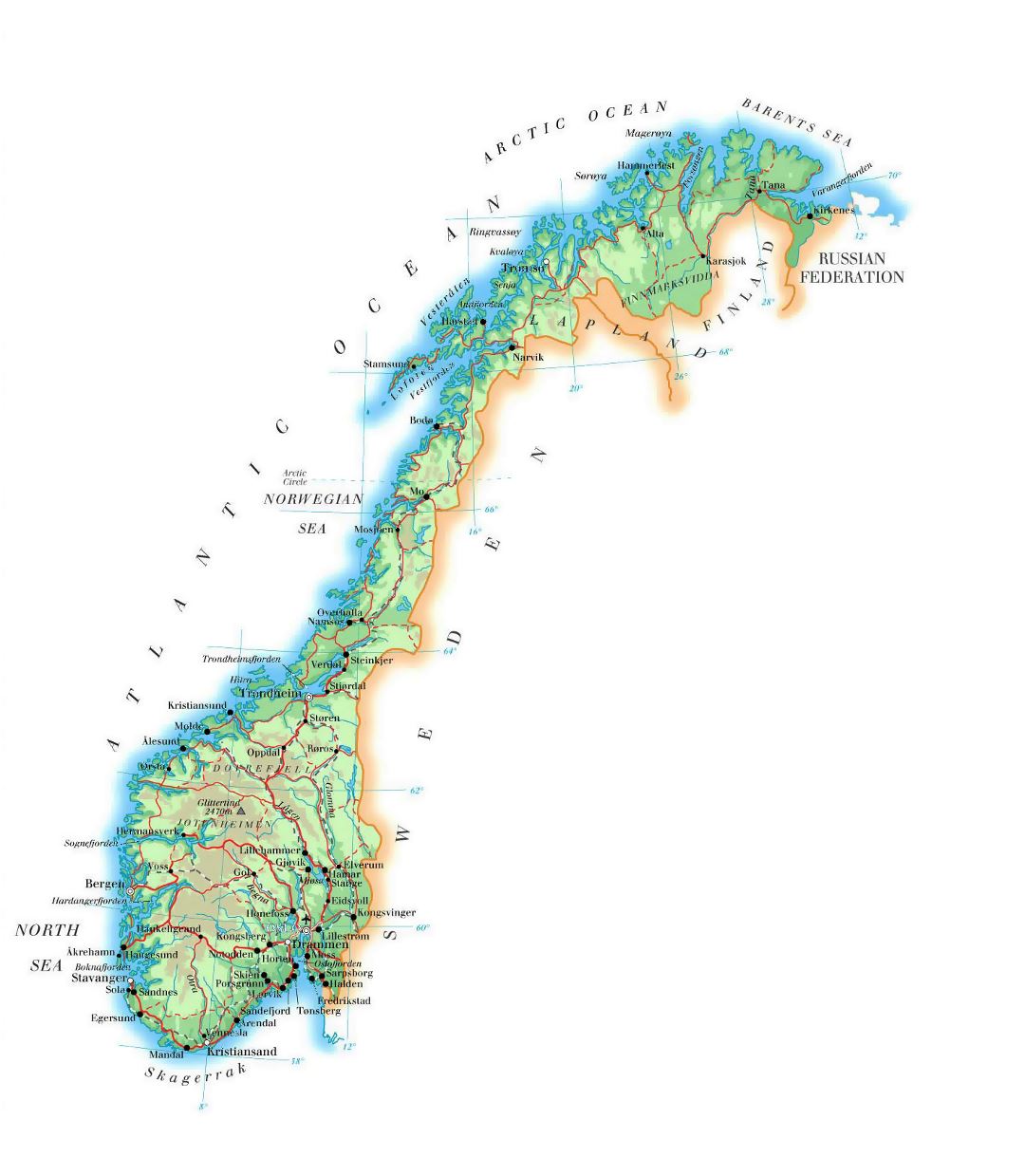 Elevation map of Norway with roads, major cities and airports