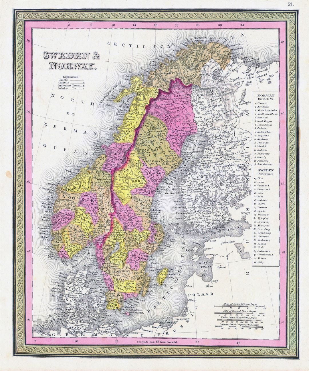 Large detailed old political and administrative map of Sweden and Norway - 1850