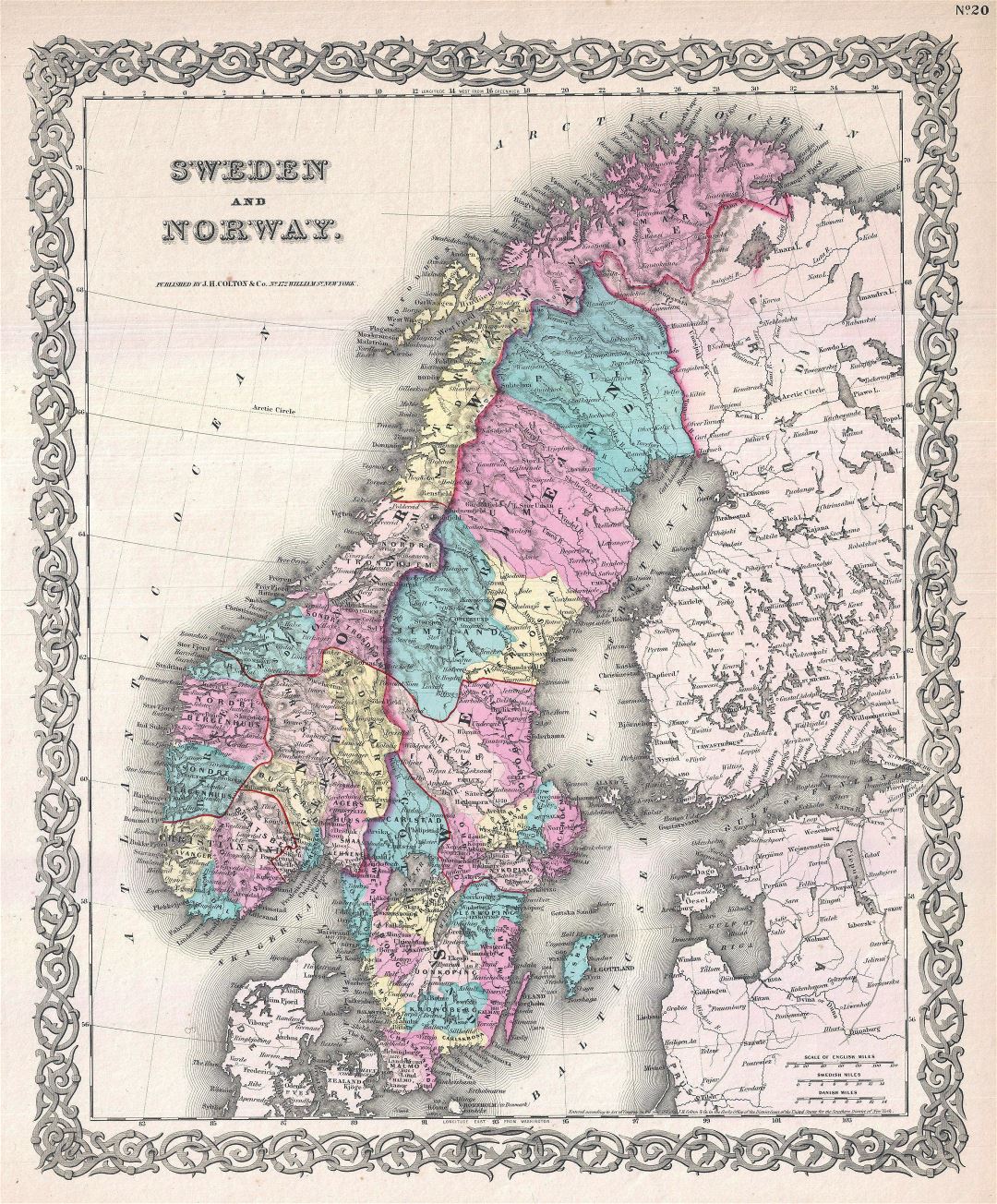 Large detailed old political and administrative map of Sweden and Norway with relief - 1855
