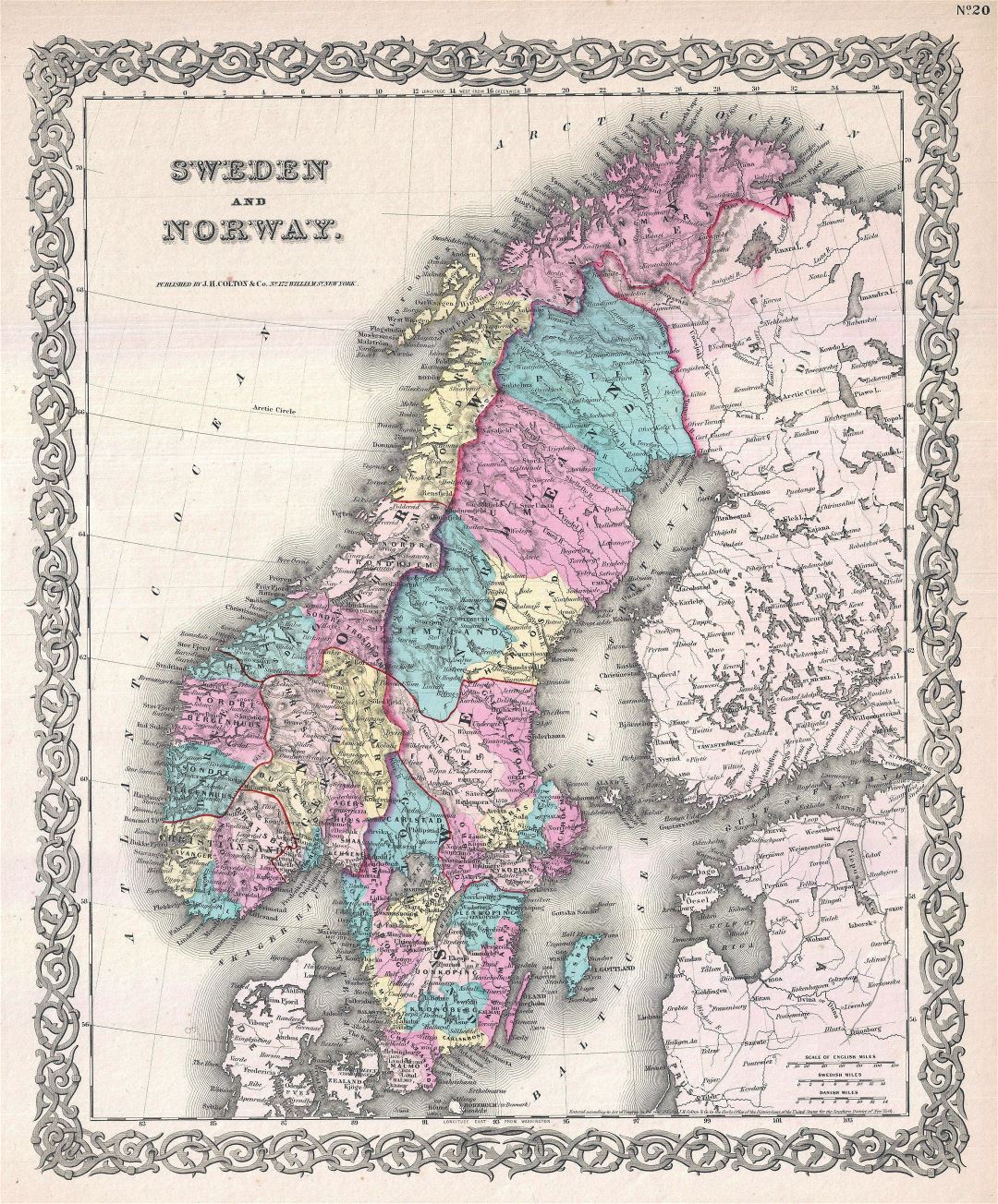 Large detailed old political and administrative map of Sweden and Norway with relief - 1855