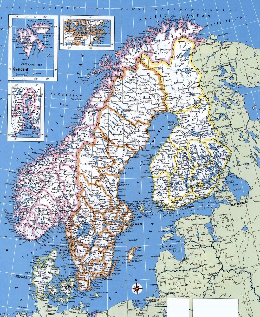 Large detailed political and administrative map of Norway, Sweden, Finland and Denmark with major cities