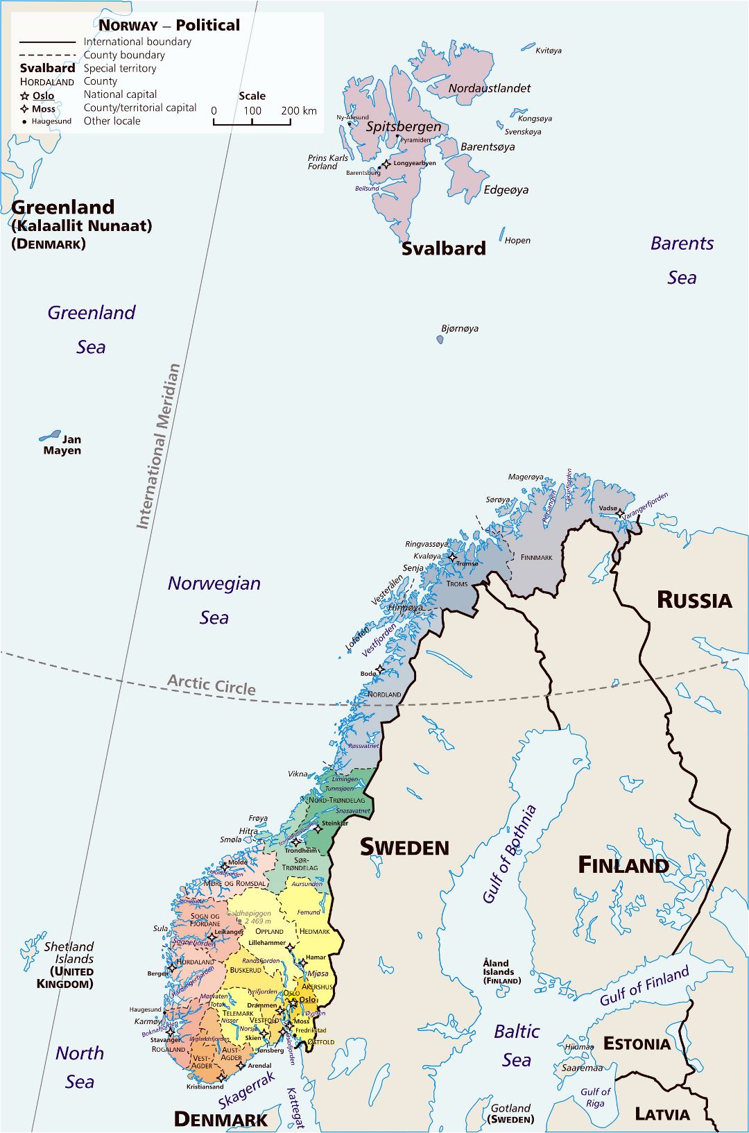 Large detailed political and administrative map of Norway with major cities