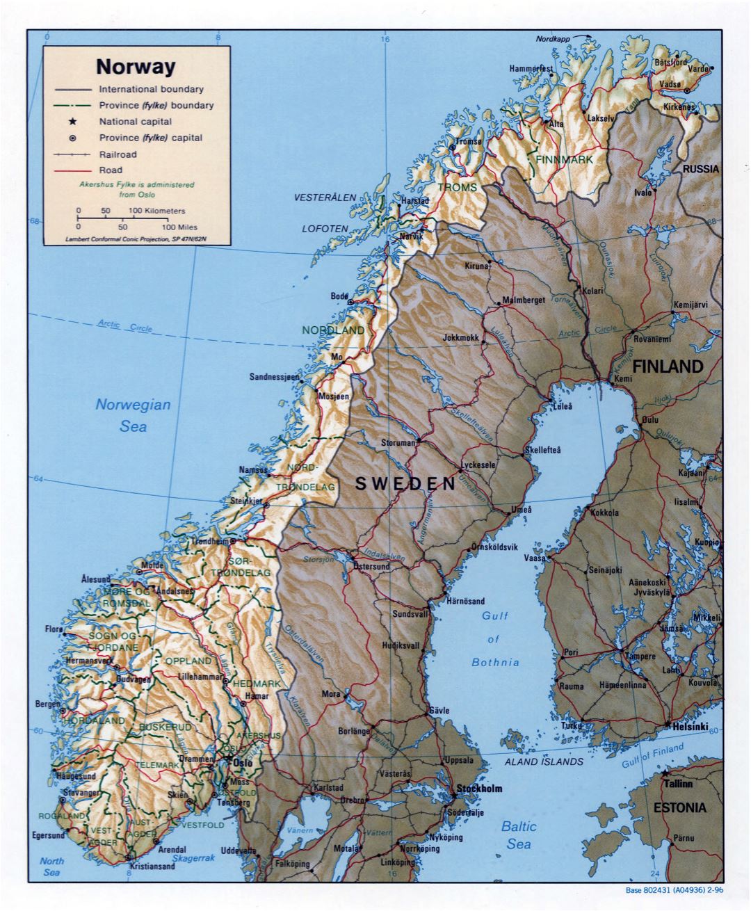 Large detailed political and administrative map of Norway with relief, roads and major cities - 1996