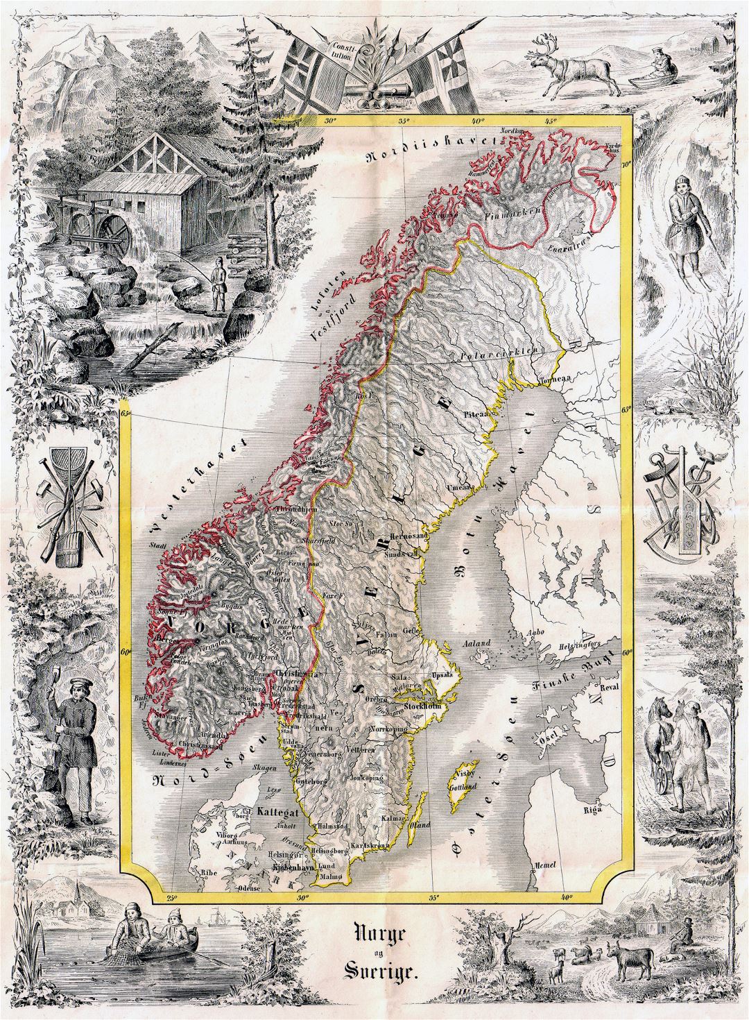 Large old map of Norway and Sweden with relief - 1847