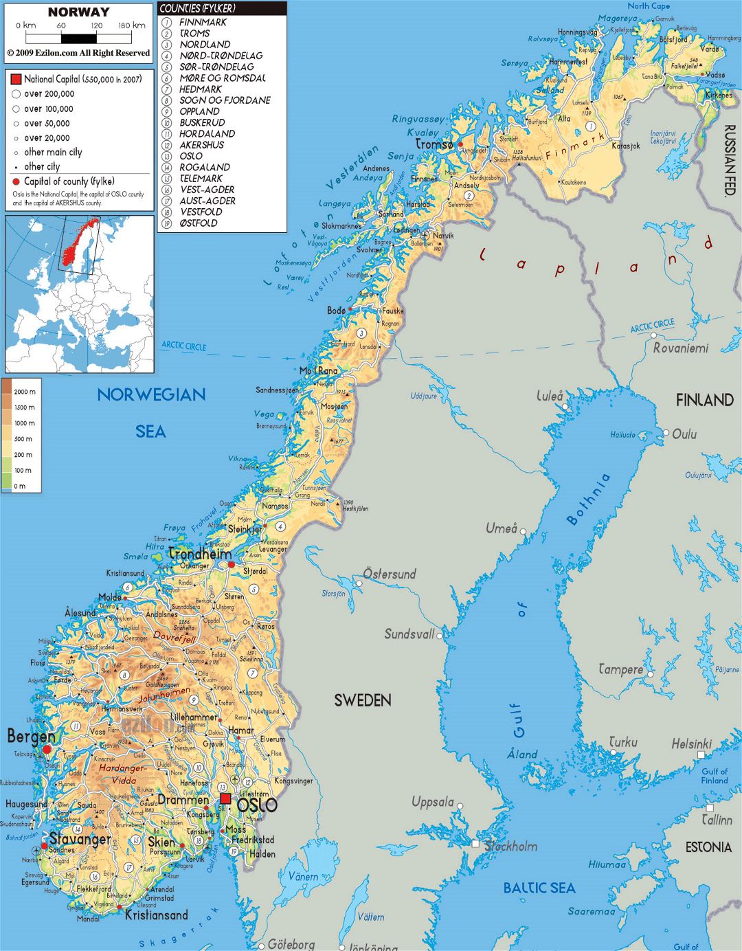 Large physical map of Norway with roads, cities and airports