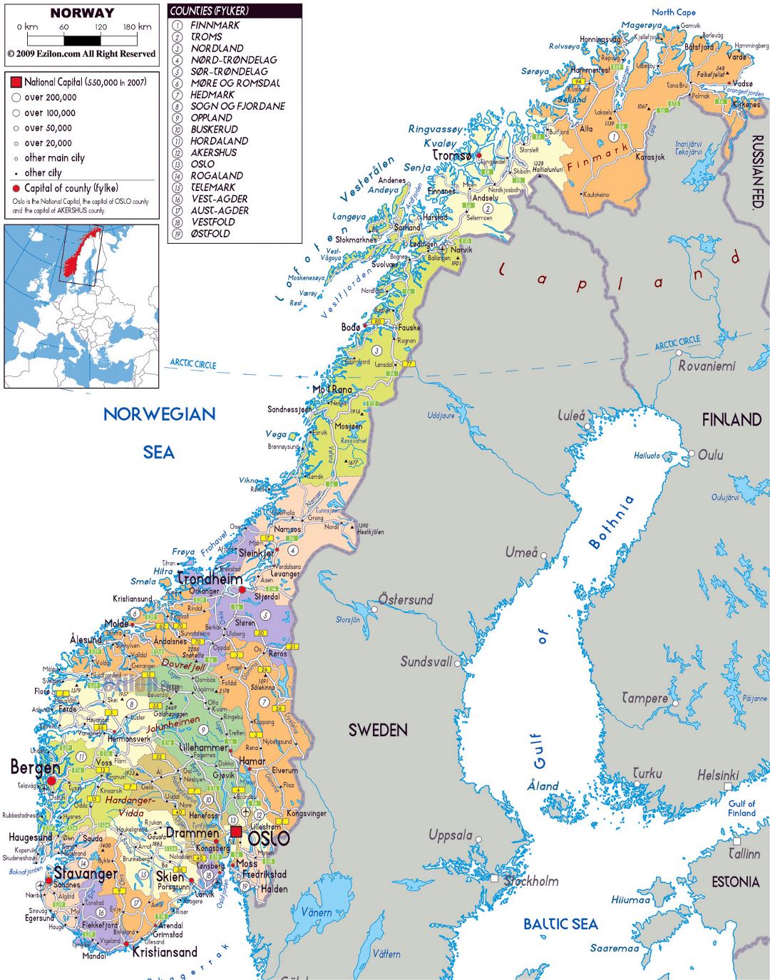 Large political and administrative map of Norway with roads, cities and airports