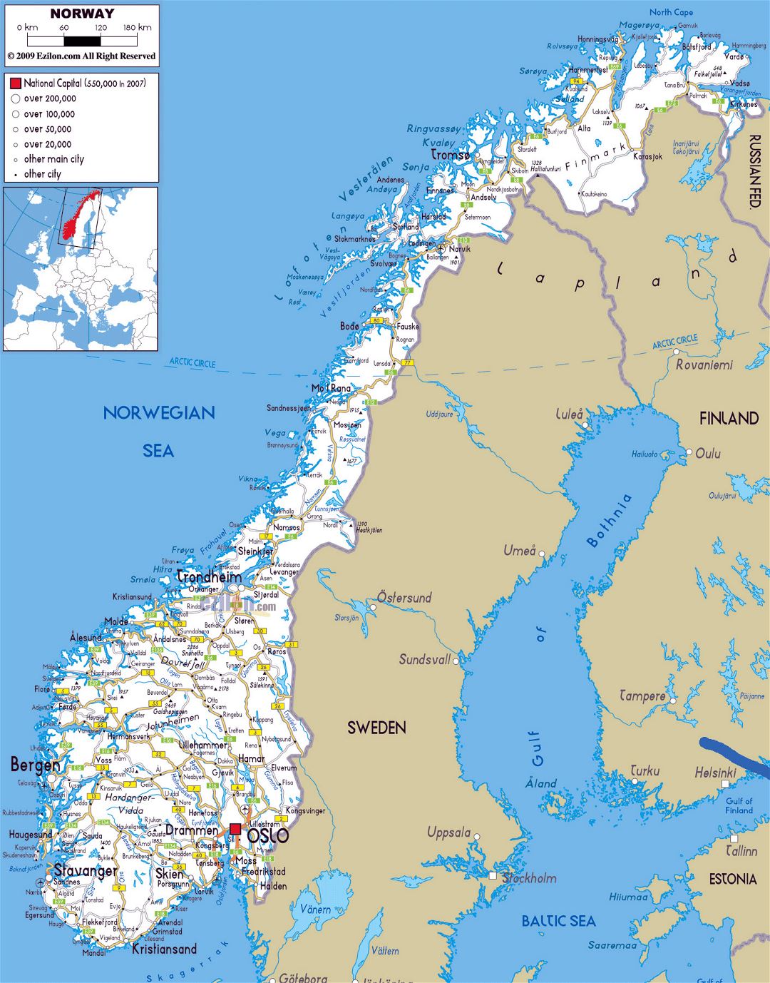 Large road map of Norway with cities and airports