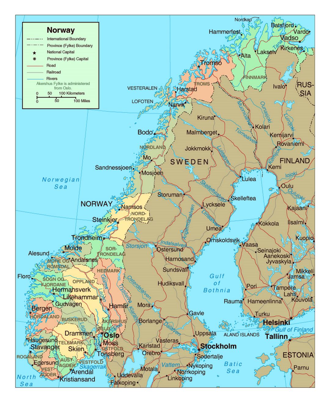 Political And Administrative Map Of Norway With Roads And Major Cities ...